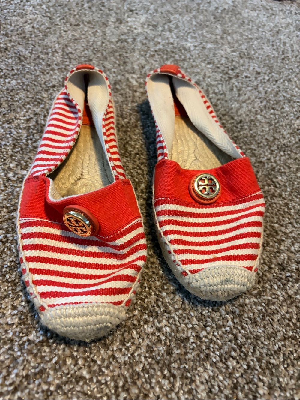 Tory Burch Red and White Striped Canvas Espadrille Flats with Logo Button